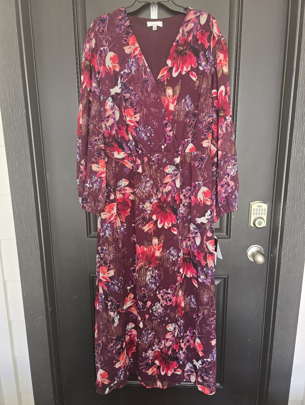 Signature by Robbie Bee Floral Wrap Dress 24W Burgundy Pink Long Sleeve Midi NWT - Picture 2 of 12